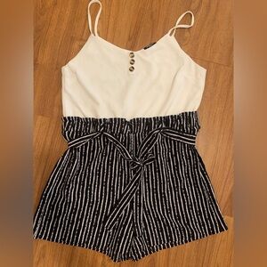 2 DYE 4 white and black pinstriped tie at waist romper shorts one piece